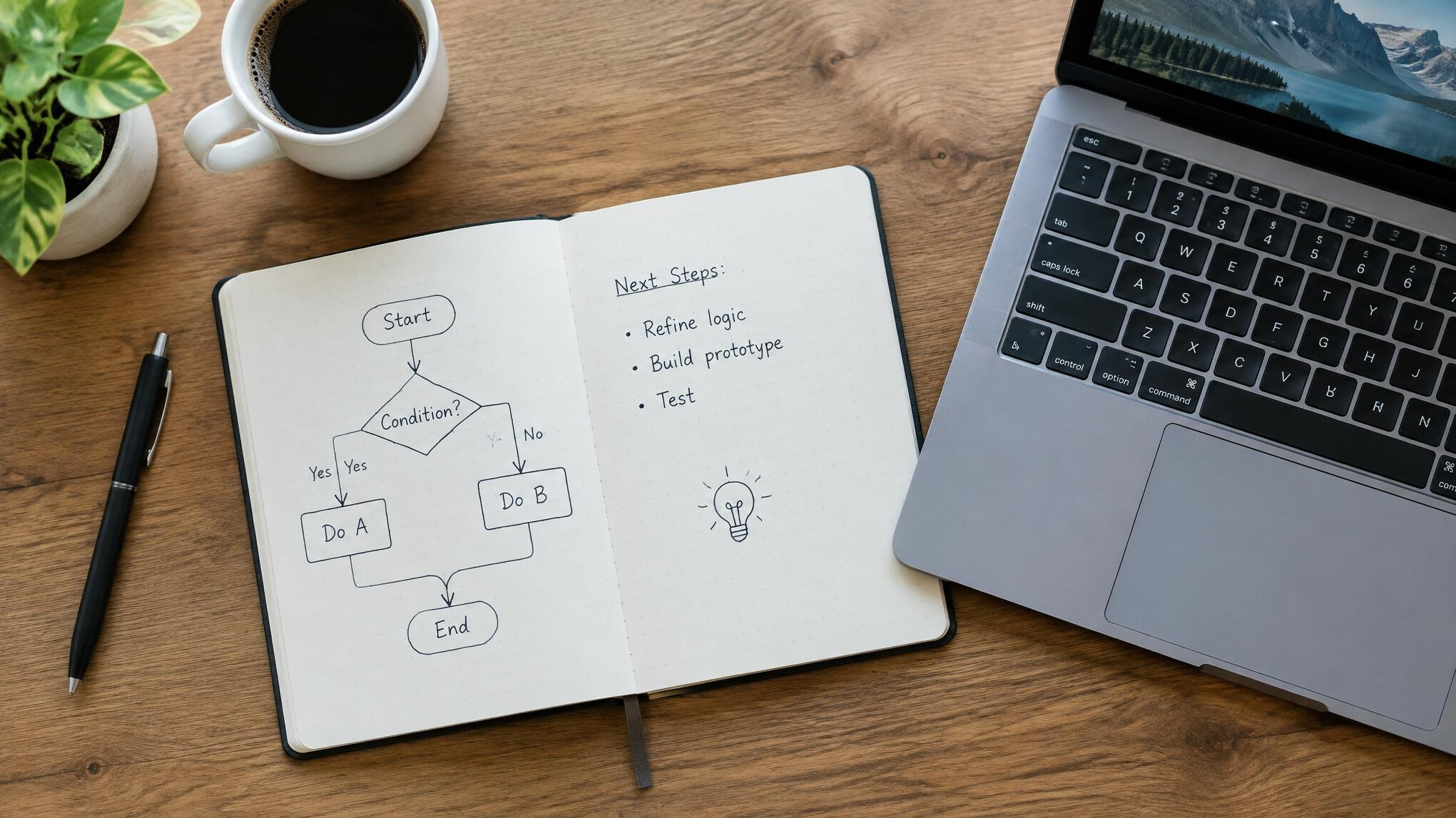 Notebook with a hand-drawn flowchart next to an open laptop on a desk