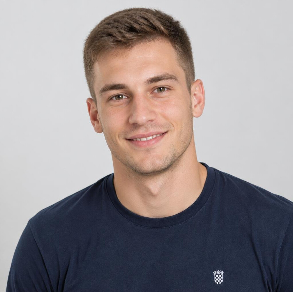 Studio portrait of a young Croatian man mentor in casual attire