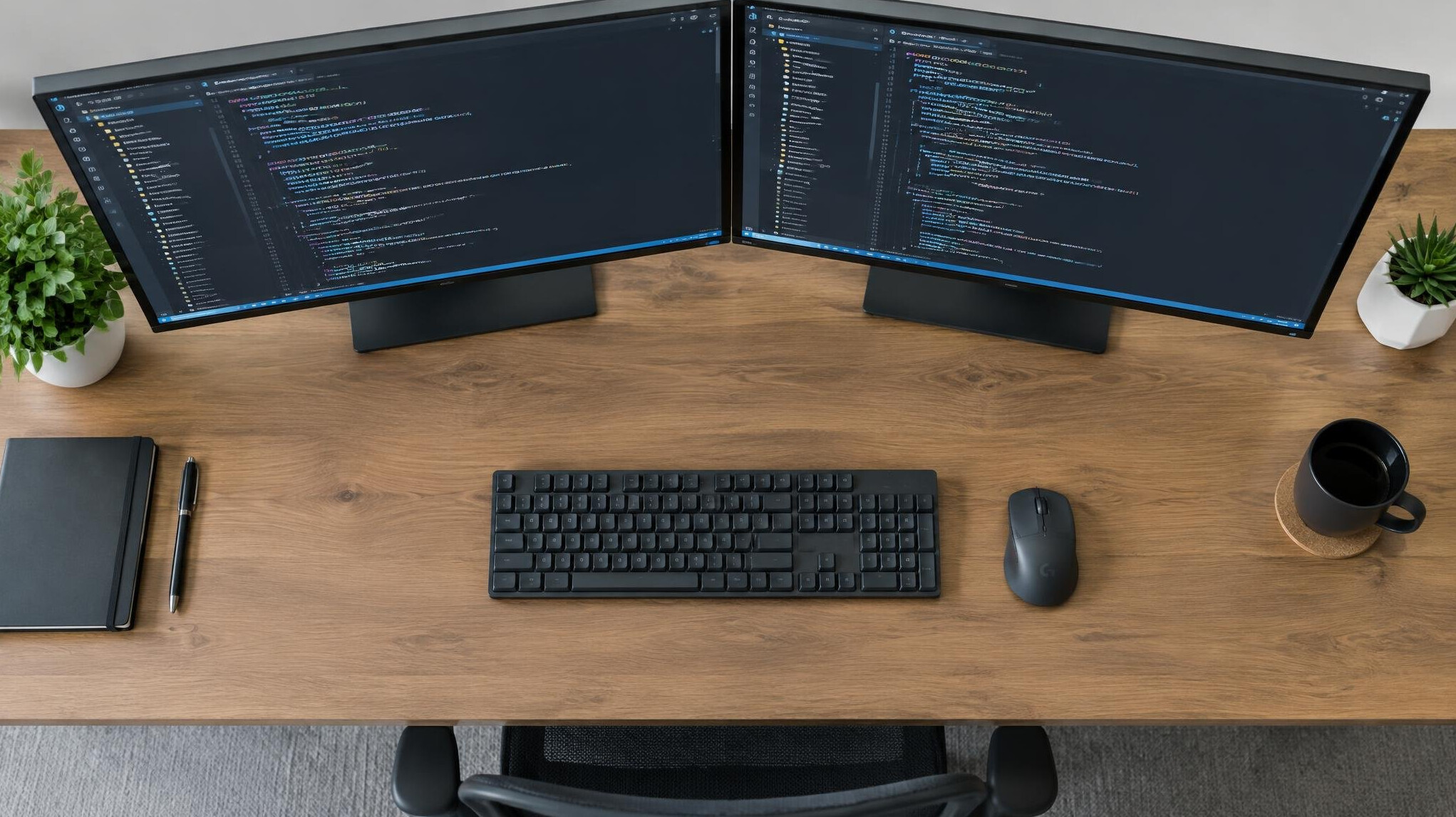 Overhead view of a dual monitor desk setup with a code editor open