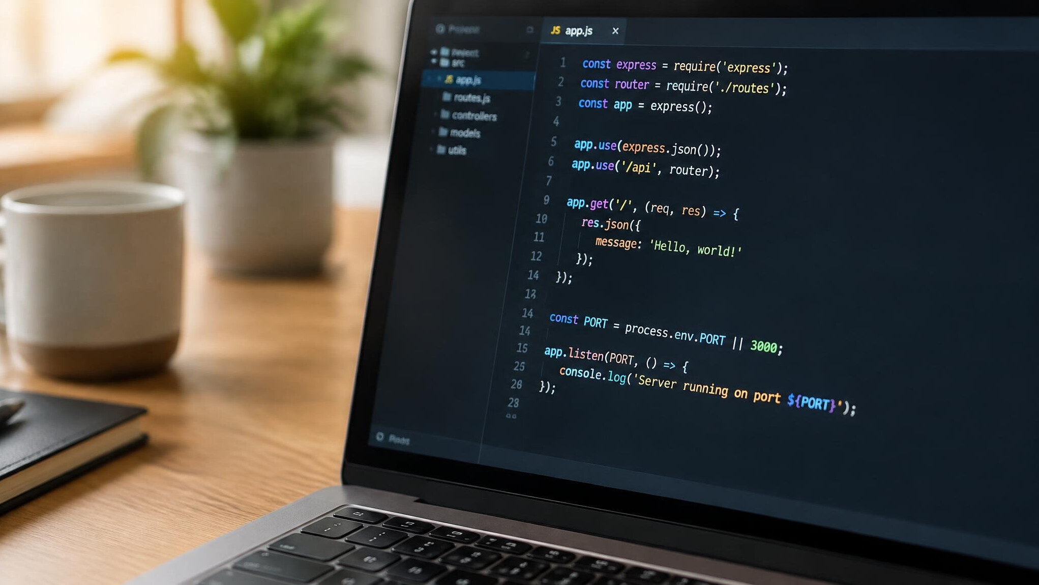 Close-up of a laptop screen displaying colorful programming code