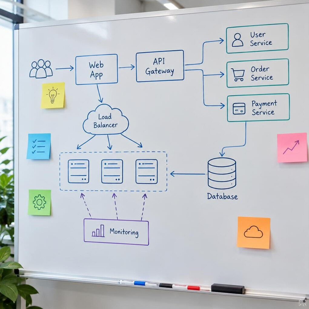 Whiteboard covered with a hand-drawn software architecture diagram and sticky notes